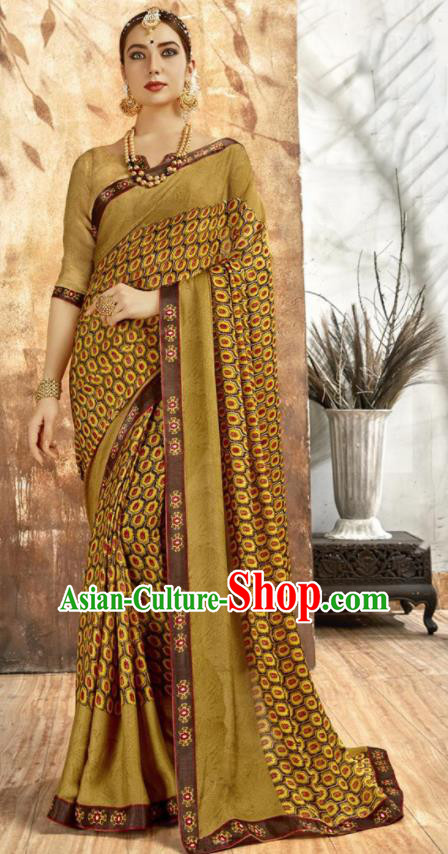 Asian Indian National Bollywood Printing Khaki Chiffon Sari Dress India Traditional Costumes for Women