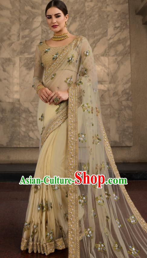 Asian Traditional Indian Court Embroidered Beige Silk Sari Dress India National Festival Bollywood Costumes for Women