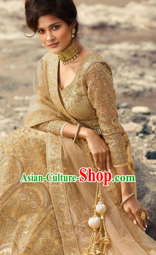 Indian Traditional Lehenga Embroidered Golden Dress Asian India National Festival Costumes for Women
