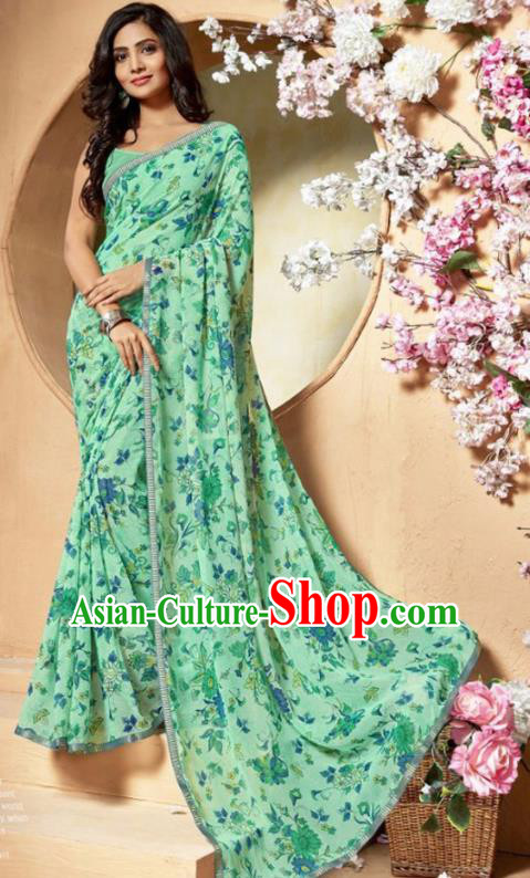 Indian Traditional Court Printing Light Green Chiffon Sari Dress Asian India National Festival Costumes for Women