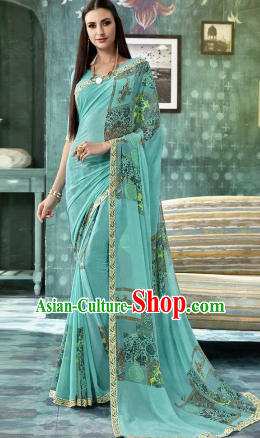 Indian Traditional Bollywood Printing Sari Light Blue Dress Asian India National Festival Costumes for Women