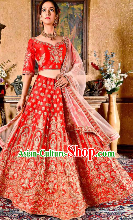 Indian Traditional Bollywood Wedding Embroidered Lehenga Red Dress Asian India National Festival Costumes for Women