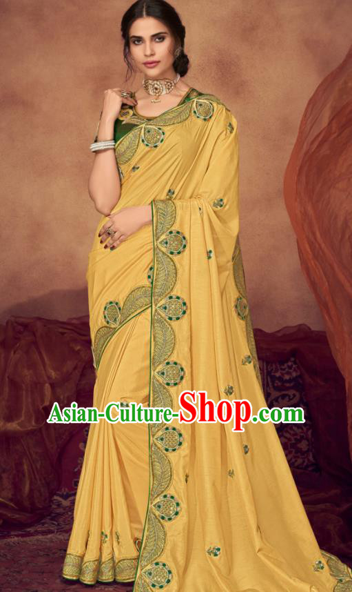Indian Traditional Court Bollywood Embroidered Yellow Sari Dress Asian India National Festival Costumes for Women