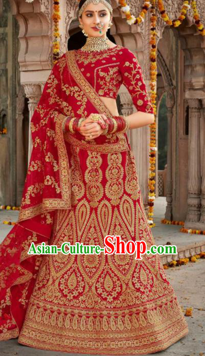 Indian Traditional Lehenga Court Wedding Bride Red Embroidered Dress Asian India National Bollywood Costumes for Women