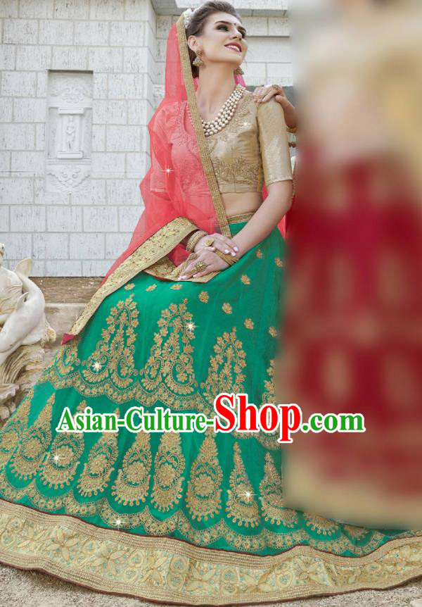 Traditional Indian Embroidered Lehenga Green Dress Asian India National Bollywood Costumes for Women