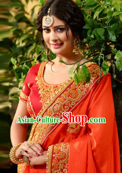 Traditional Indian Court Bride Embroidered Orange Sari Dress Asian India National Bollywood Costumes for Women