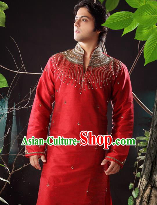Asian Indian Sherwani Bridegroom Embroidered Red Clothing India Traditional Wedding Costumes Complete Set for Men