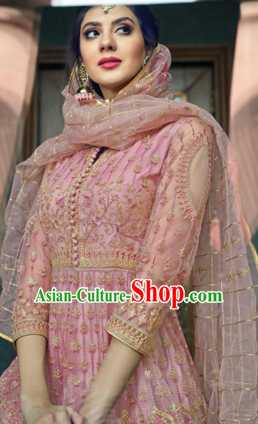 Traditional Indian Embroidered Pink Anarkali Dress Asian India National Costumes for Women
