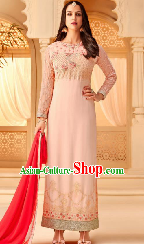 Traditional Indian Punjab Pink Georgette Blouse and Pants Asian India National Costumes for Women