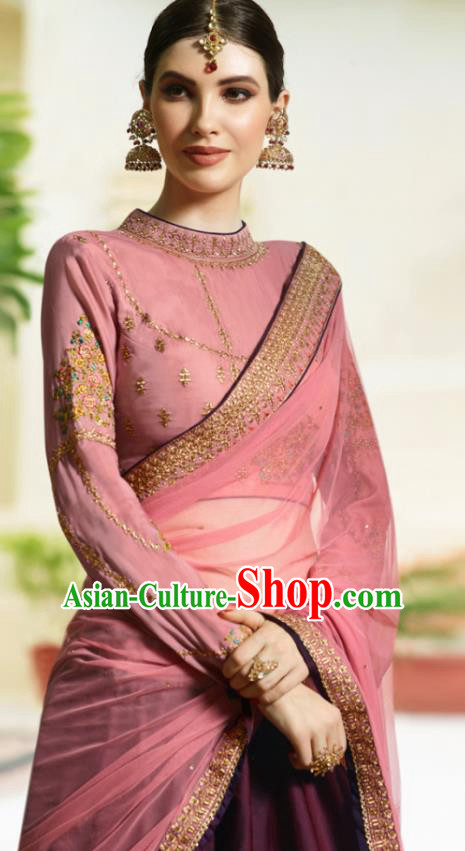 Traditional Indian Lehenga Pink Silk Dress Asian India National Bride Costumes for Women