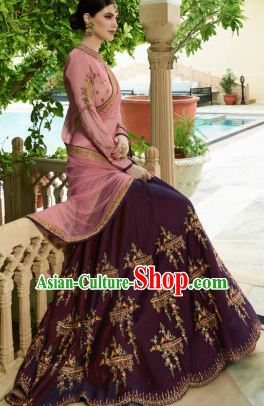 Traditional Indian Lehenga Pink Silk Dress Asian India National Bride Costumes for Women