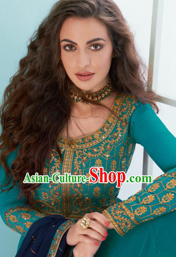 Traditional Indian Bollywood Embroidered Blue Anarkali Dress Asian India National Costumes for Women
