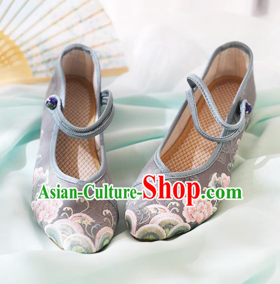 Chinese National Embroidered Peony Grey Shoes Traditional Hanfu Shoes Opera Shoes Wedding Bride Shoes for Women