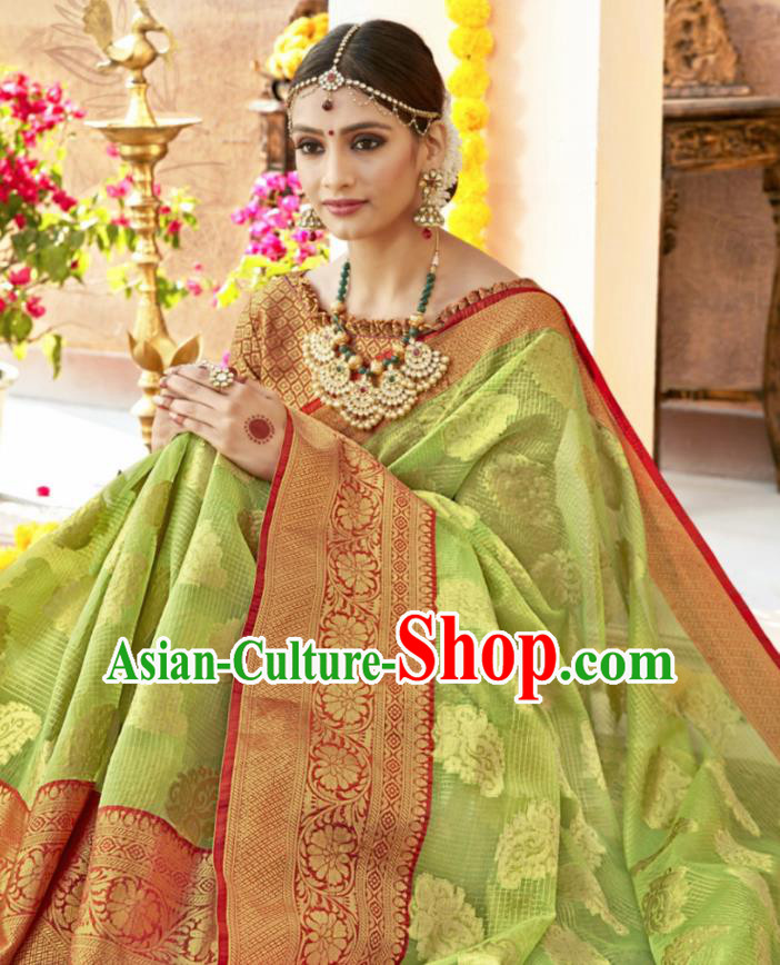 Traditional Indian Green Sari Dress Asian India National Bollywood Costumes for Women