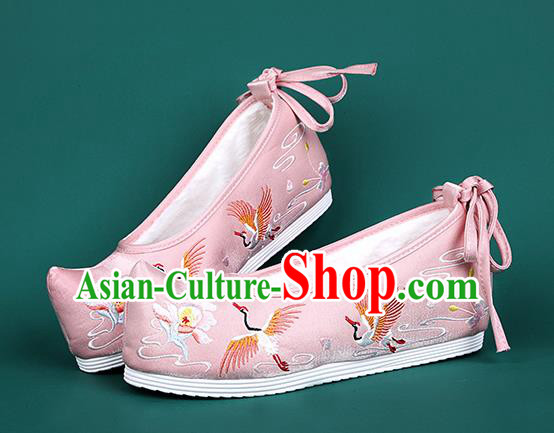 Chinese National Winter Embroidered Crane Pink Brushed Shoes Traditional Hanfu Shoes Princess Shoes Opera Shoes for Women