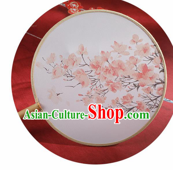 Chinese Traditional Printing Peach Flowers Round Fans Hanfu Silk Palace Fan for Women