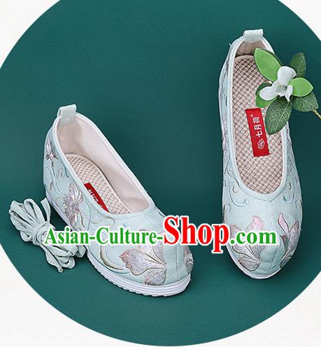 Chinese National Winter Brushed Green Embroidered Shoes Traditional Hanfu Shoes Princess Shoes Opera Shoes for Women