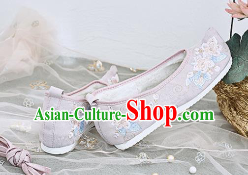 Traditional Chinese National Winter Shoes Pink Embroidered Shoes Hanfu Shoes for Women