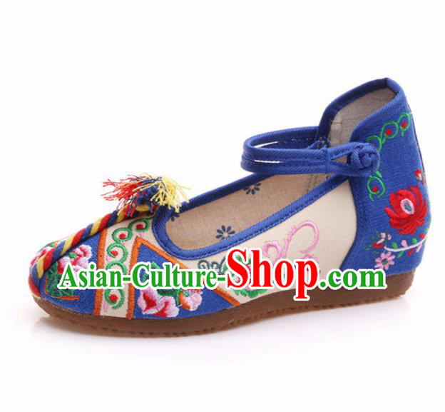 Traditional Chinese National Blue Shoes Embroidered Shoes Hanfu Shoes for Women