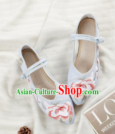 Traditional Chinese National Embroidery Peony Light Blue Shoes Embroidered Shoes Hanfu Shoes for Women