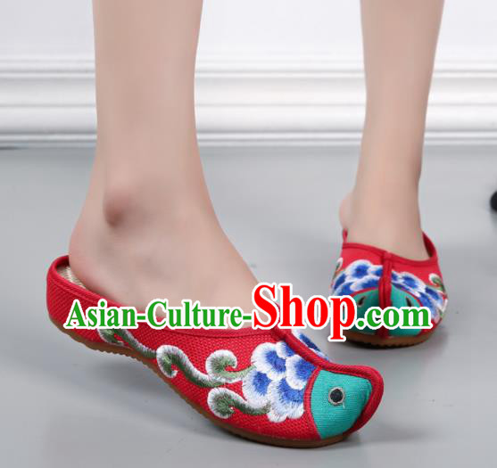Traditional Chinese Fish Head Red Shoes Embroidered Shoes Cloth Shoes for Women