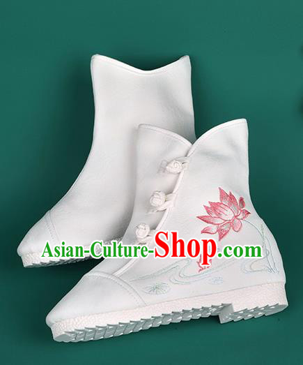 Chinese Traditional Winter Embroidered Lotus White Boots Hanfu Shoes Cloth Boots for Women