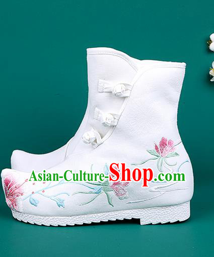 Chinese Traditional Embroidered Boots Hanfu Shoes White Cloth Boots for Women