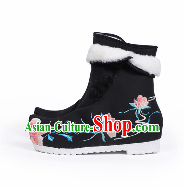 Chinese Traditional Embroidered Boots Hanfu Shoes Black Cloth Boots for Women