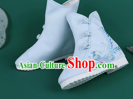 Handmade Chinese Traditional Embroidered Phoenix Blue Boots Hanfu Shoes Cloth Boots for Women