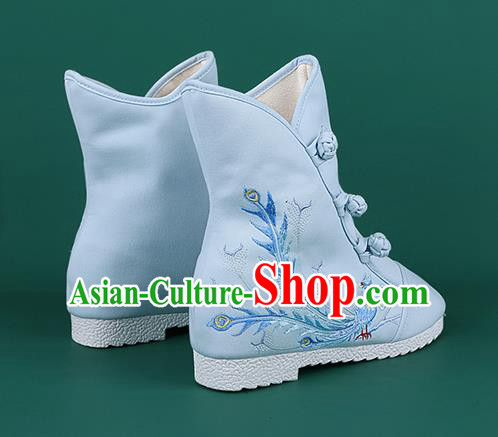 Handmade Chinese Traditional Embroidered Phoenix Blue Boots Hanfu Shoes Cloth Boots for Women