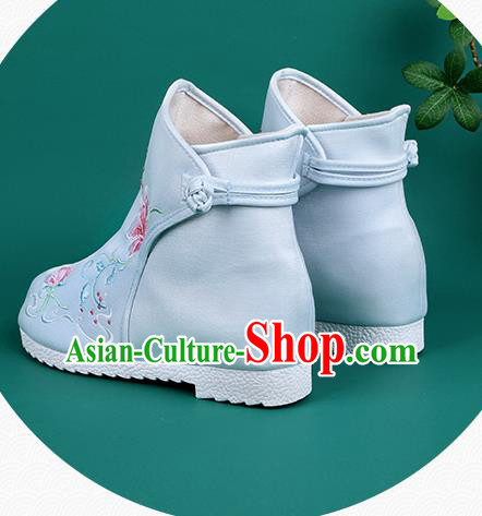 Handmade Chinese Light Blue Cloth Boots Traditional Embroidered Boots Hanfu Shoes for Women
