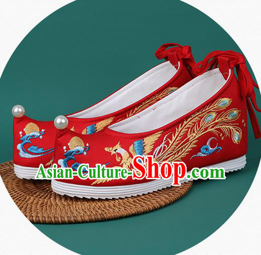 Chinese Wedding Embroidered Phoenix Red Shoes Traditional Hanfu Shoes Princess Shoes for Women