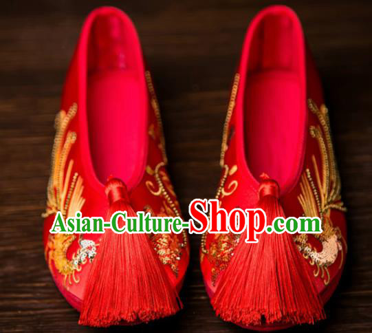 Traditional Chinese Handmade Wedding Red Satin Shoes Hanfu Shoes Embroidered Shoes for Women