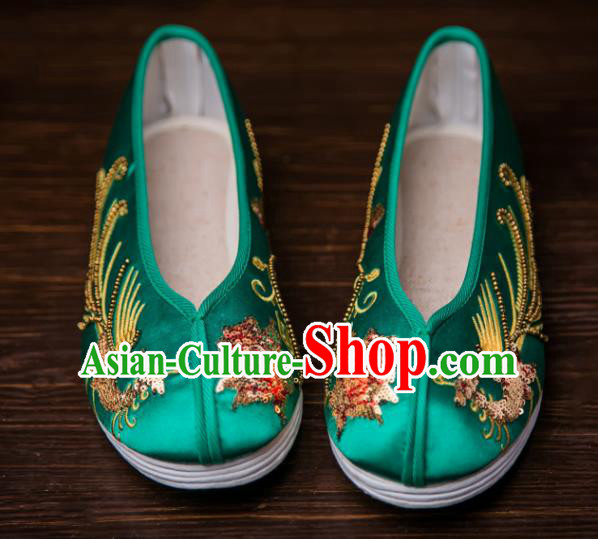 Traditional Chinese Handmade Wedding Green Satin Shoes Hanfu Shoes Embroidered Shoes for Women