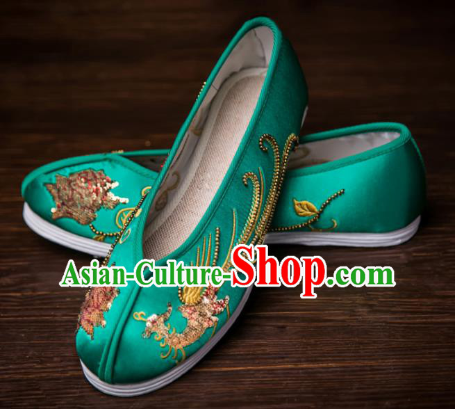 Traditional Chinese Handmade Wedding Green Satin Shoes Hanfu Shoes Embroidered Shoes for Women