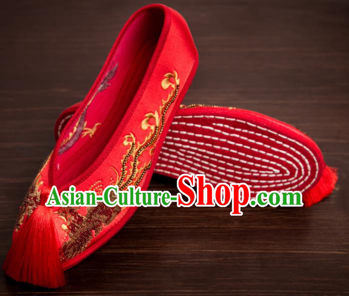 Traditional Chinese Handmade Wedding Shoes Hanfu Red Tassel Shoes Bride Shoes for Women