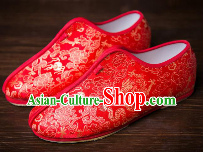 Handmade Chinese Bridegroom Red Shoes Traditional Kung Fu Embroidered Shoes Hanfu Shoes for Men