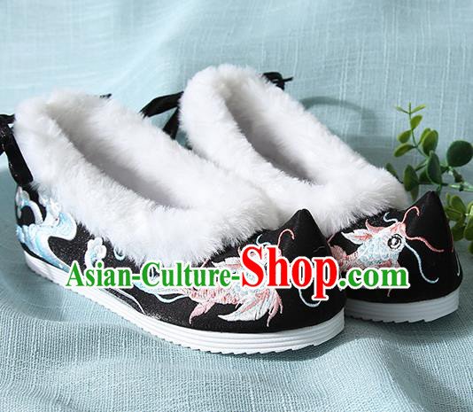Traditional Chinese Handmade Embroidered Goldfish Black Shoes Wedding Shoes Hanfu Shoes Princess Shoes for Women