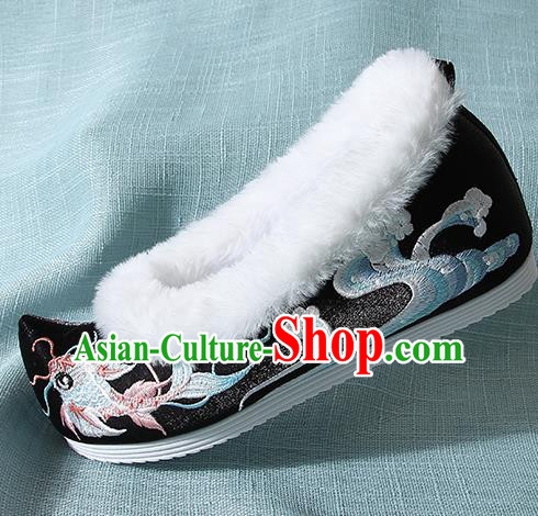 Traditional Chinese Handmade Embroidered Goldfish Black Shoes Wedding Shoes Hanfu Shoes Princess Shoes for Women
