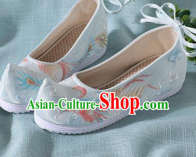 Chinese Handmade Embroidered Bird Light Blue Shoes Traditional Wedding Shoes Hanfu Shoes Princess Shoes for Women