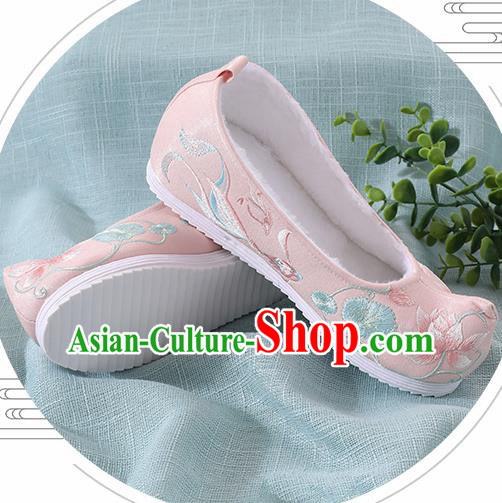 Chinese Handmade Embroidered Lotus Goldfish Pink Shoes Traditional Ming Dynasty Hanfu Shoes Princess Shoes for Women