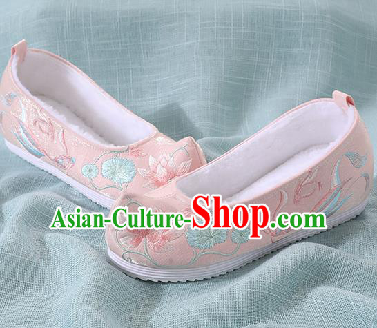 Chinese Handmade Embroidered Lotus Goldfish Pink Shoes Traditional Ming Dynasty Hanfu Shoes Princess Shoes for Women