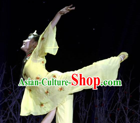 Chinese Dance Drama Wild Jujubes Classical Dance Yellow Dress Stage Performance Dance Costume and Headpiece for Women