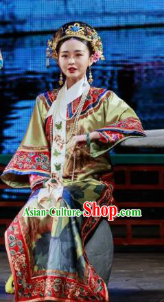 Deling and Cixi Chinese Qing Dynasty Imperial Consort Silk Dress Stage Performance Dance Costume and Headpiece for Women