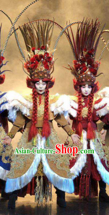 Chinese Pingtan Impression Classical Dance Khaki Dress Stage Performance Dance Costume and Headpiece for Women