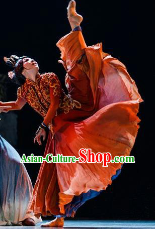 Chinese Lady Zhaojun Mongol Nationality Dance Red Dress Stage Performance Dance Costume and Headpiece for Women