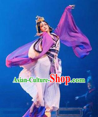Guan Gong Chinese Classical Dance Purple Dress Stage Performance Dance Costume and Headpiece for Women