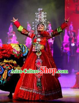 Impression Shanha Chinese She Nationality Bride Dance Red Dress Stage Performance Dance Costume and Headpiece for Women