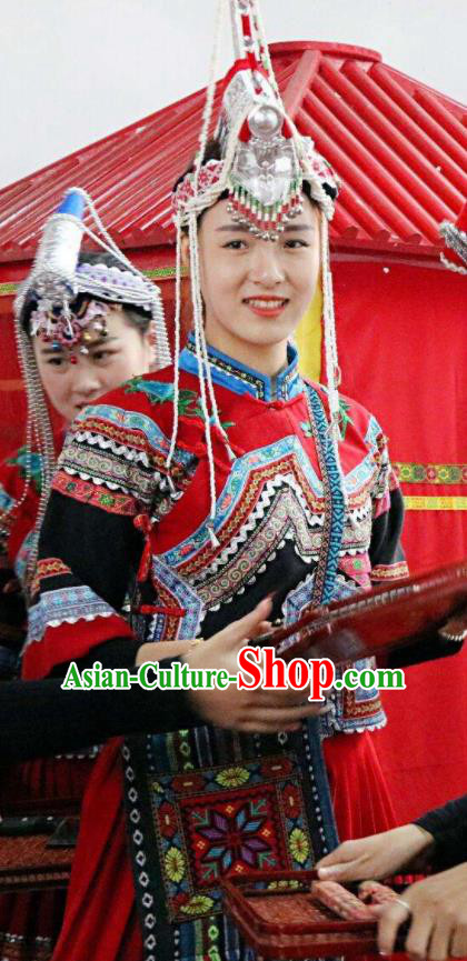 Impression Shanha Chinese She Nationality Dance Wedding Red Dress Stage Performance Dance Costume and Headpiece for Women