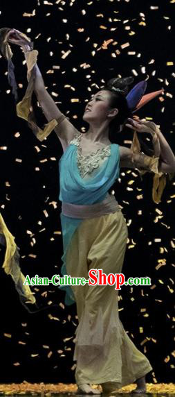 Dunhuang Reflections Chinese Classical Dance Yellow Dress Stage Performance Dance Costume and Headpiece for Women